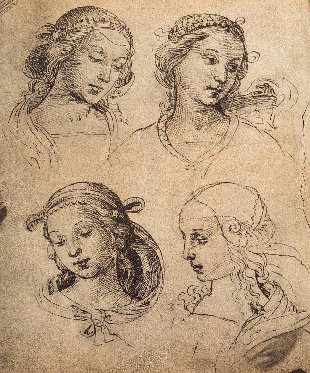 Étude de quatre visages féminins; dessin de Raphaël. Gallerie dell