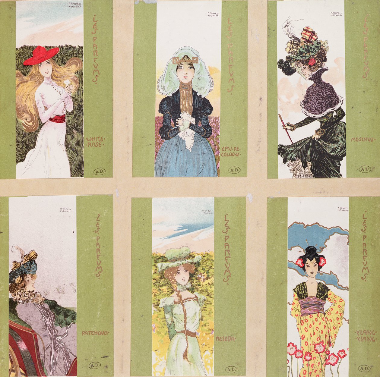 Sélection de cartes postales avec des représentations allégoriques de parfums - Raphael Kirchner