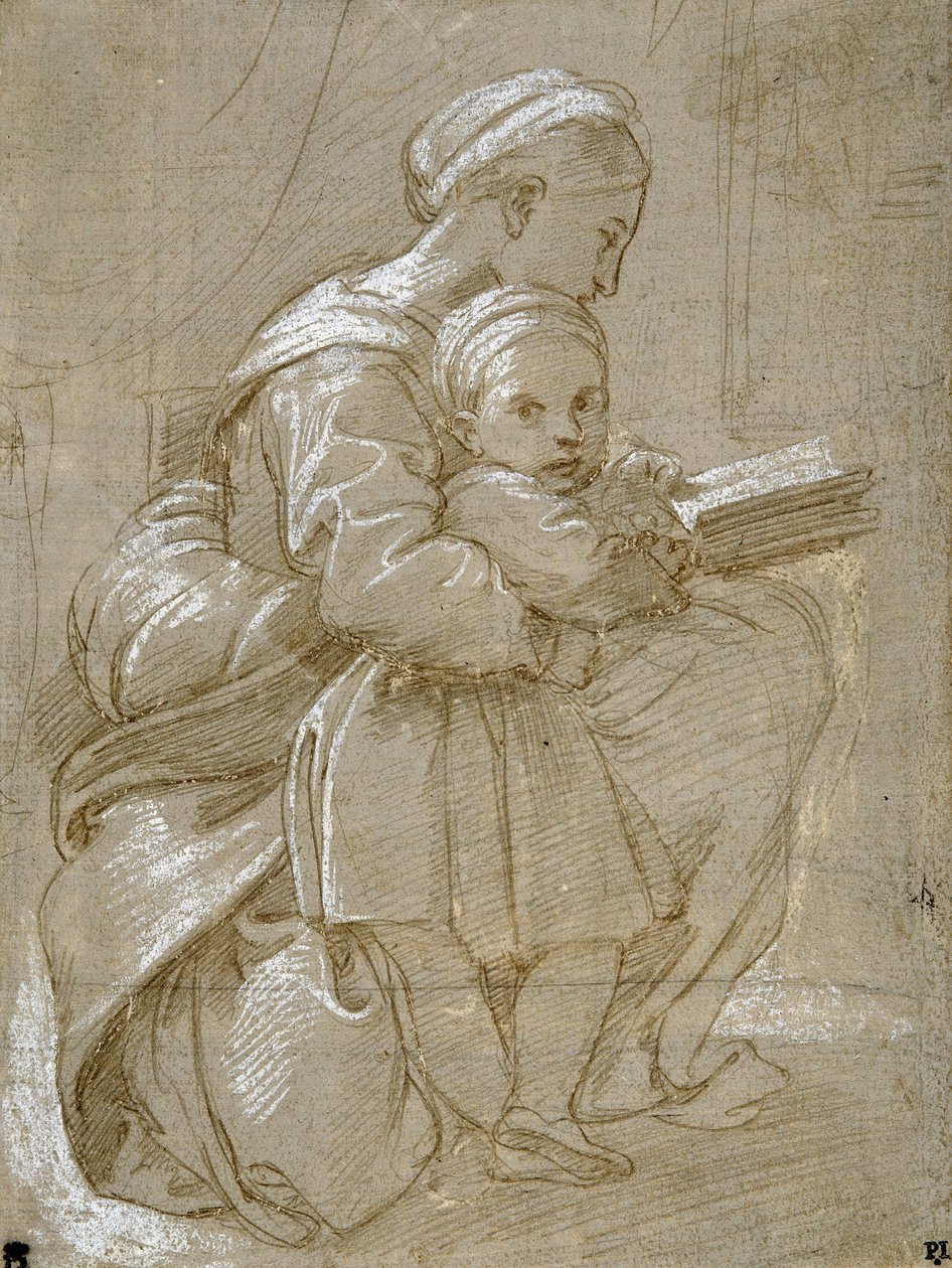 Une femme assise sur une chaise lisant, avec un enfant debout à ses côtés - Raphael