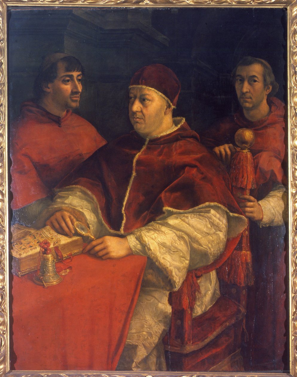 Portrait du Pape Léon X (1475-1521), fils de Laurent de Médicis (1449 - 1492) (Laurent le Magnifique : Lorenzo il Magnifico) entouré des cardinaux Luigi de 