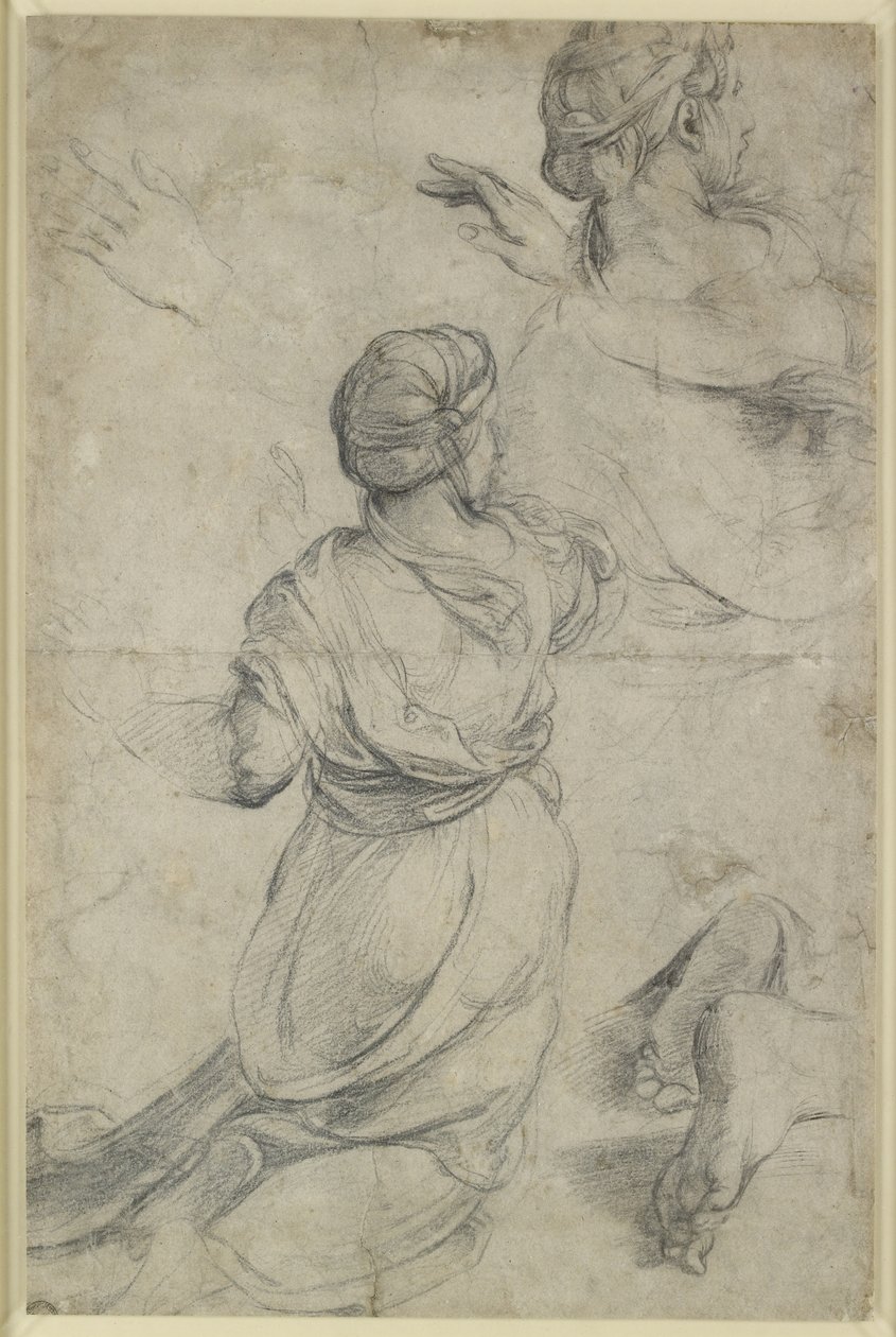 Recto : Études pour deux femmes agenouillées, WA1846.198 (craie noire) - Raphael