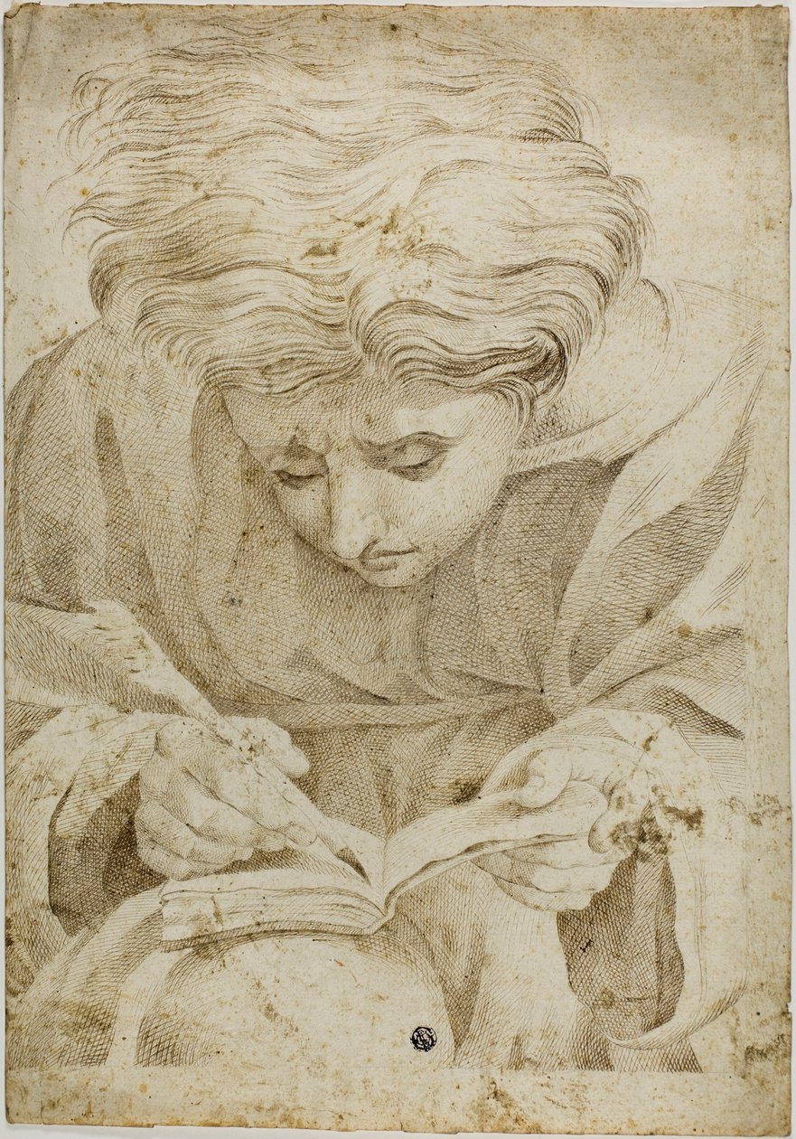 Jeune homme assis écrivant dans un livre - Raphael