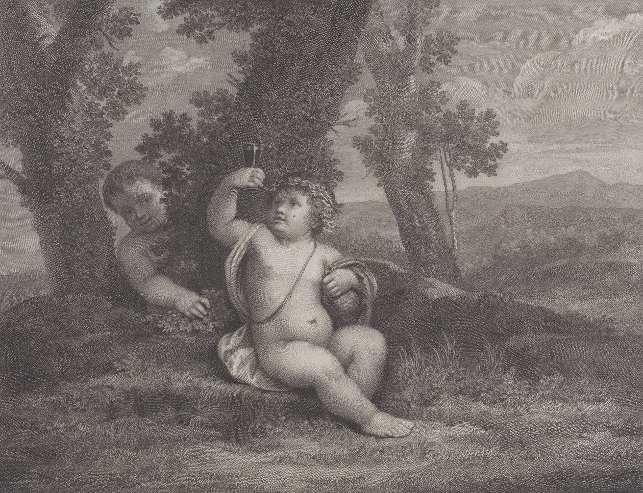 Le jeune Bacchus assis sous un arbre, levant un verre de vin, avec un autre enfant derrière, 1780 - Raphael Morghen