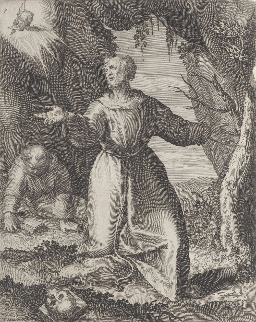 Saint François agenouillé les bras étendus, regardant vers un chérubin en haut à gauche, 1599 - Raphael Sadeler