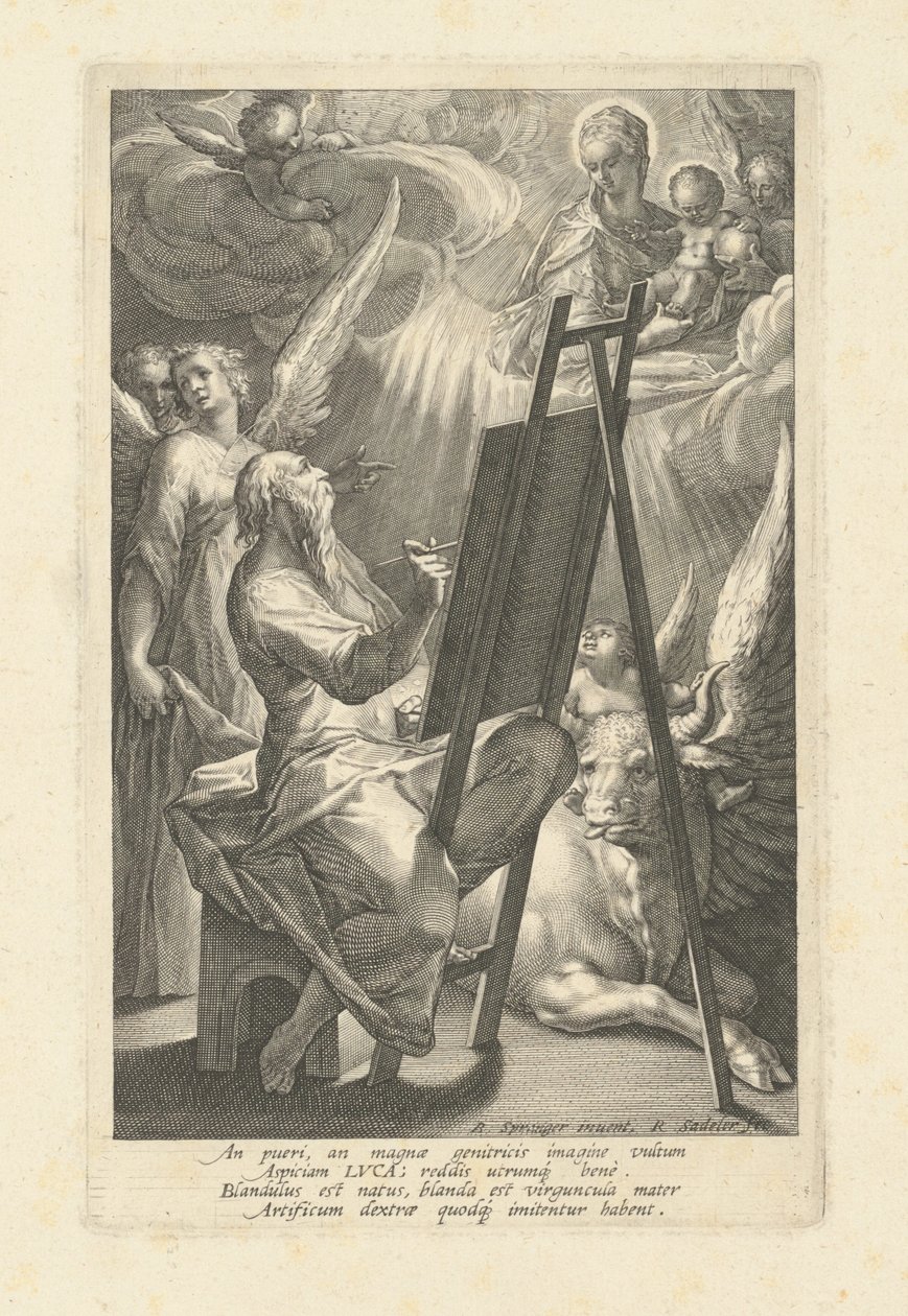 Saint Luc peignant la Vierge - Raphael Sadeler I, after Bartholomaeus Spranger