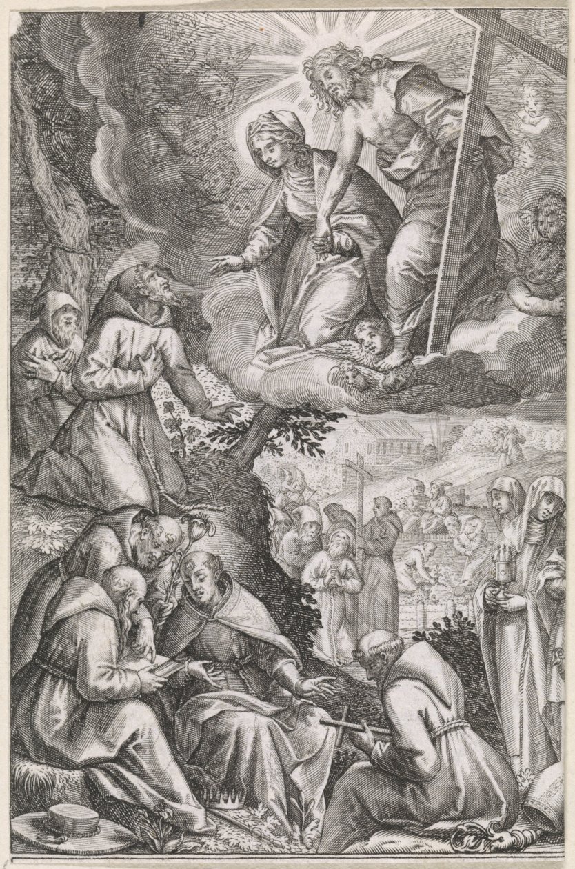 Christ et la Vierge Marie apparaissent à Saint François et son ordre - Raphaël Sadeler (I)