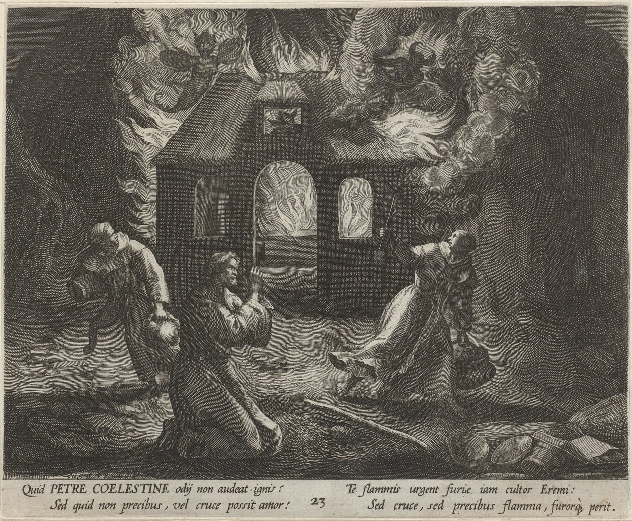 Saint Pierre Célestin en ermite (Het deugdzame leven van kluizenaars, Trophaeum vitae solitariae) - Raphaël Sadeler (I)