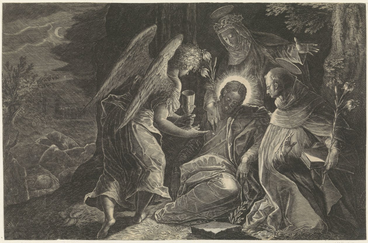 Christ réconforté par un ange à Gethsémani, avec Saint Dominique et Sainte Catherine de Sienne - Raphaël Sadeler (II)