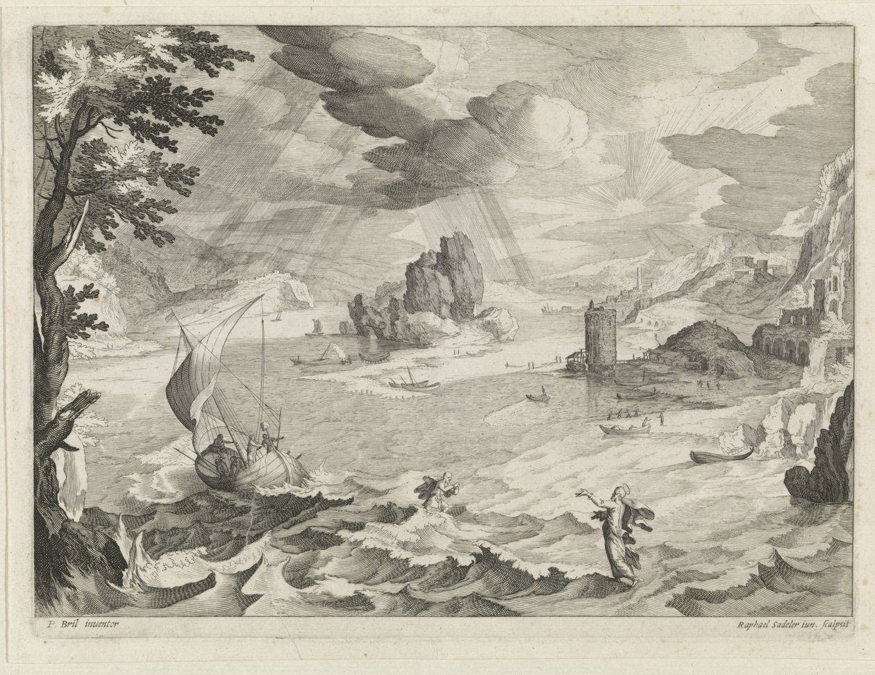 Zeegezicht met Christus en zijn leerlingen in de storm op het meer van Galilea - Raphaël Sadeler (II)