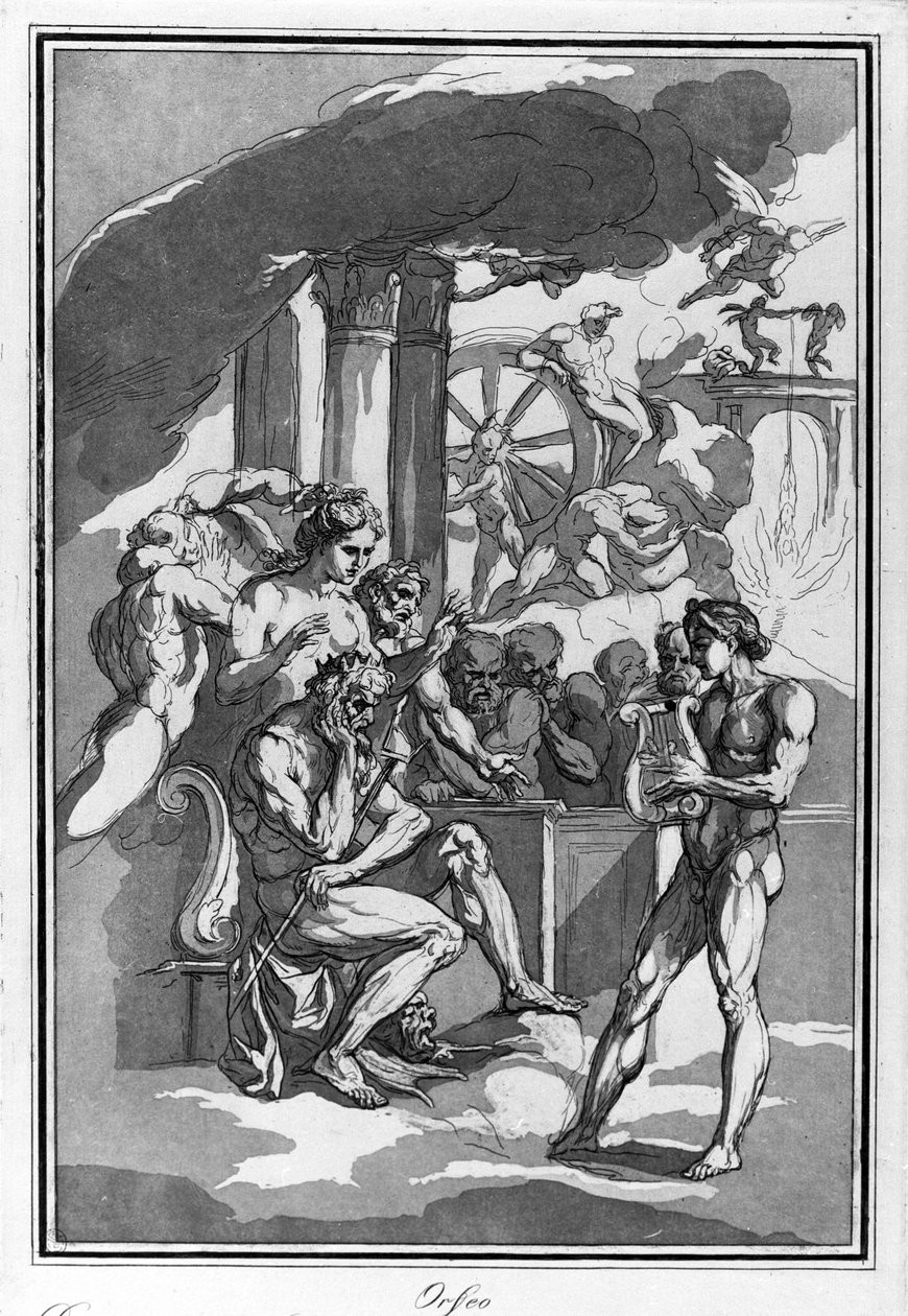 Orphée aux Enfers demande à Minos sa femme Eurydice. Dessin à l