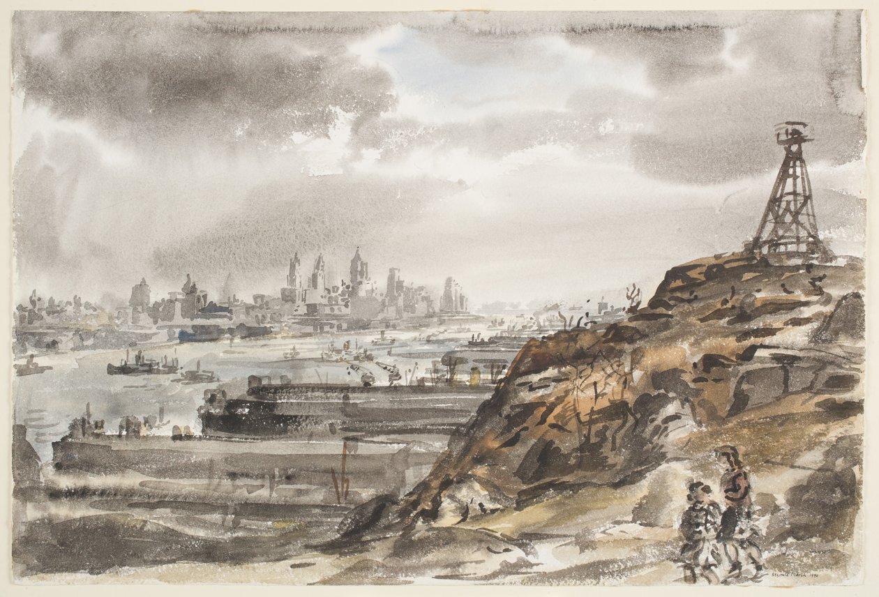 New York depuis Weehawken (aquarelle sur mine de plomb sur papier) - Reginald Marsh
