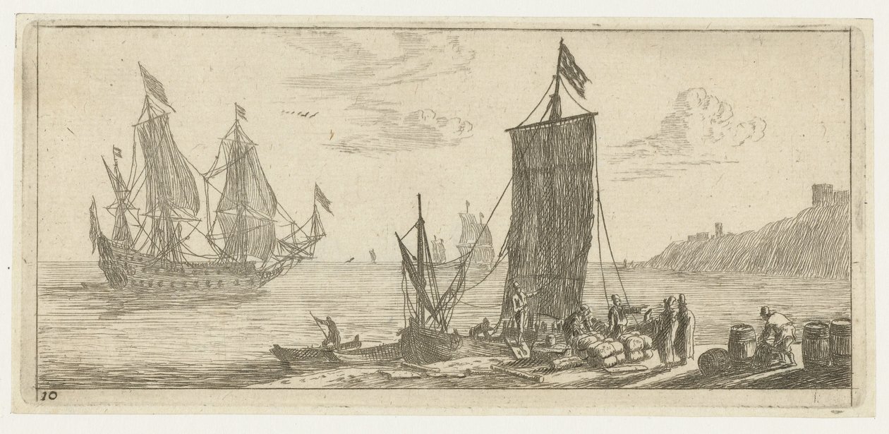Baie avec un hoeker et un navire de guerre - Reinier Nooms