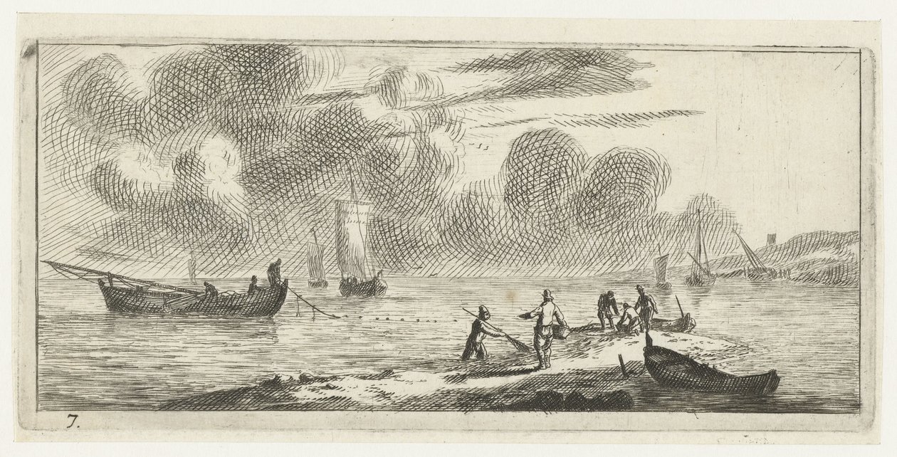 Ligne de côte avec des hommes pêchant en eau peu profonde - Reinier Nooms