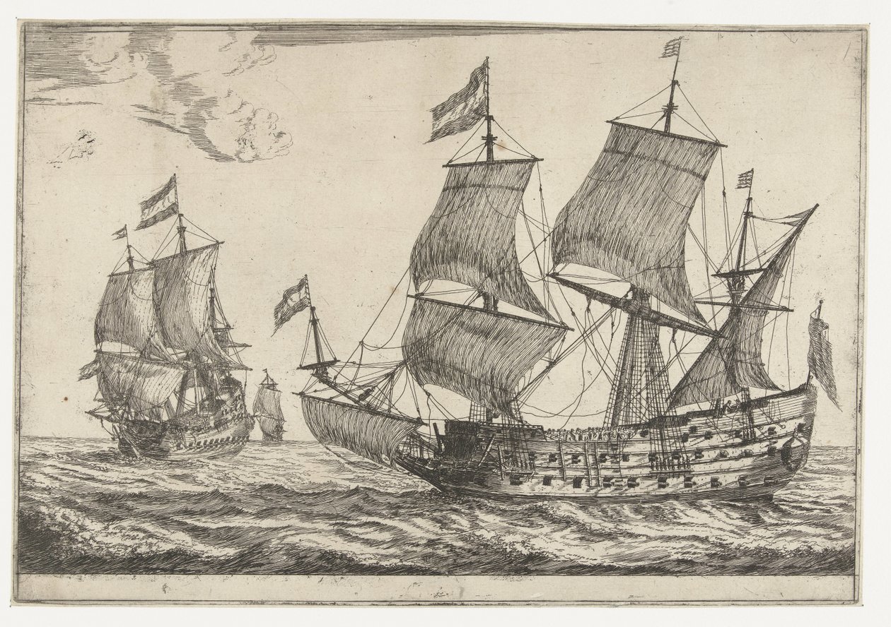 Deux grands navires de guerre (Treize scènes avec des navires) - Reinier Nooms
