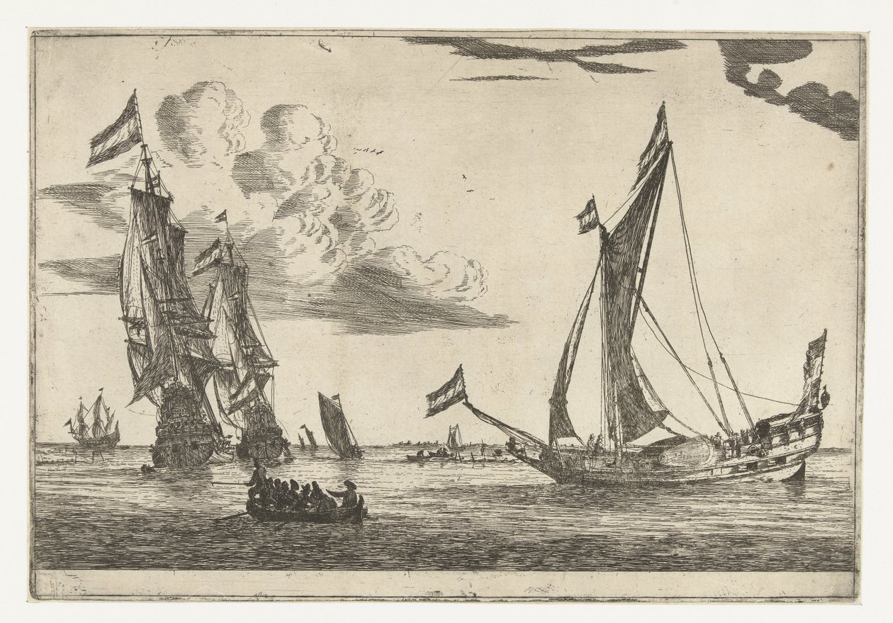 Deux navires de guerre et un yacht (treize scènes avec des navires) - Reinier Nooms