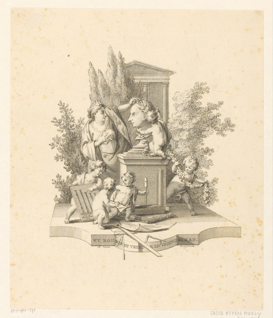 Représentation allégorique avec un buste de Jacob Otten Huslij - Reinier Vinkeles (I)