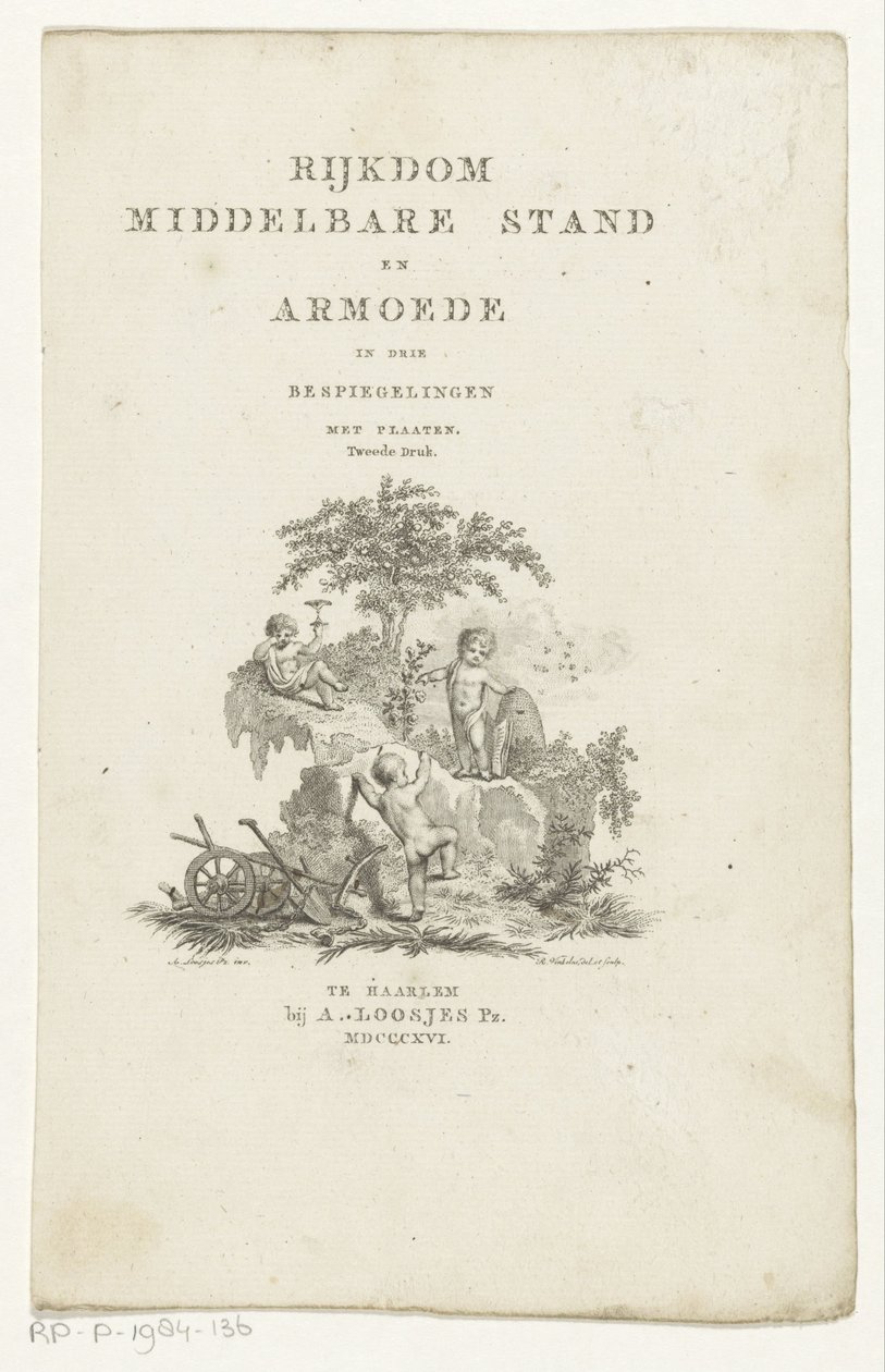 Trois putti avec attributs dans un paysage montagneux (Page de titre pour Adriaan Pietersz. Loosjes, Richesse, classe moyenne et pauvreté en trois réflexions, 1816) - Reinier Vinkeles (I)