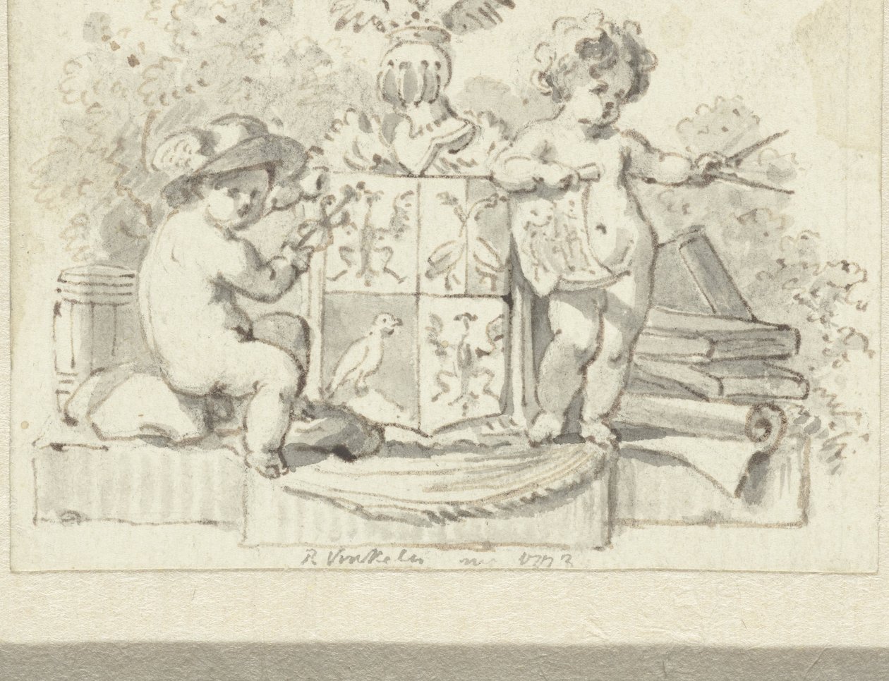 Deux putti, avec compas et caducée, près des armoiries de Schoemaker - Reinier Vinkeles (I)