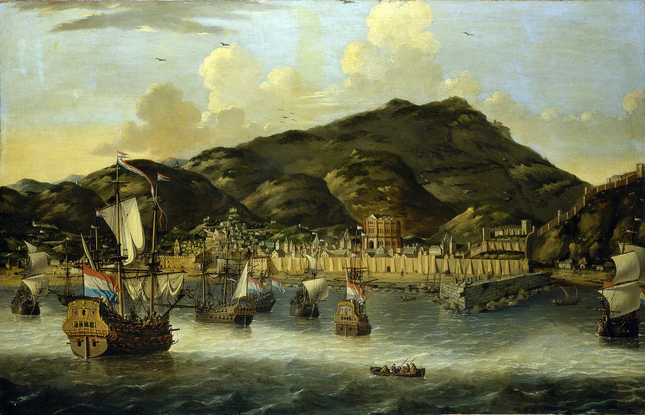 Navires hollandais au large de Tripoli (Libye), avec les murs fortifiés du port et de la ville - Reinier Zeeman