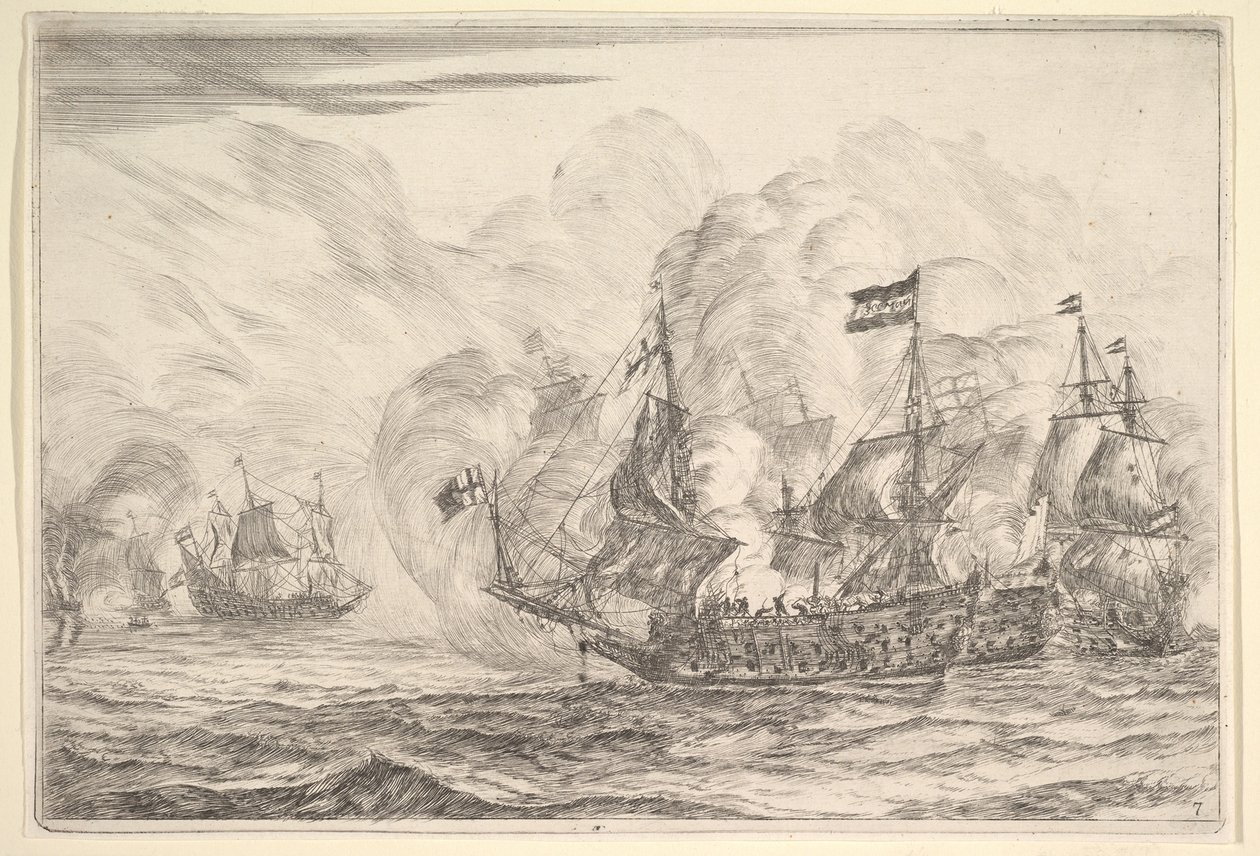 Rencontre navale avec trois navires à droite, des Batailles navales Nieuwe Scheeps Bat..., 1652-54 - Reinier Zeeman