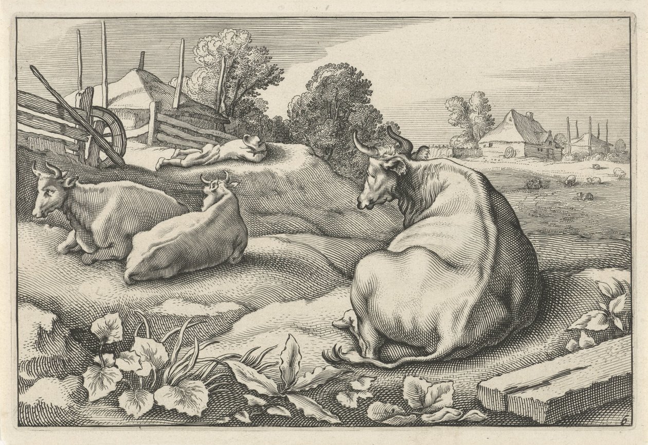 Prairie avec trois vaches couchées (série: Diversa Animalia Quadrupedia) - Reinier van Persijn