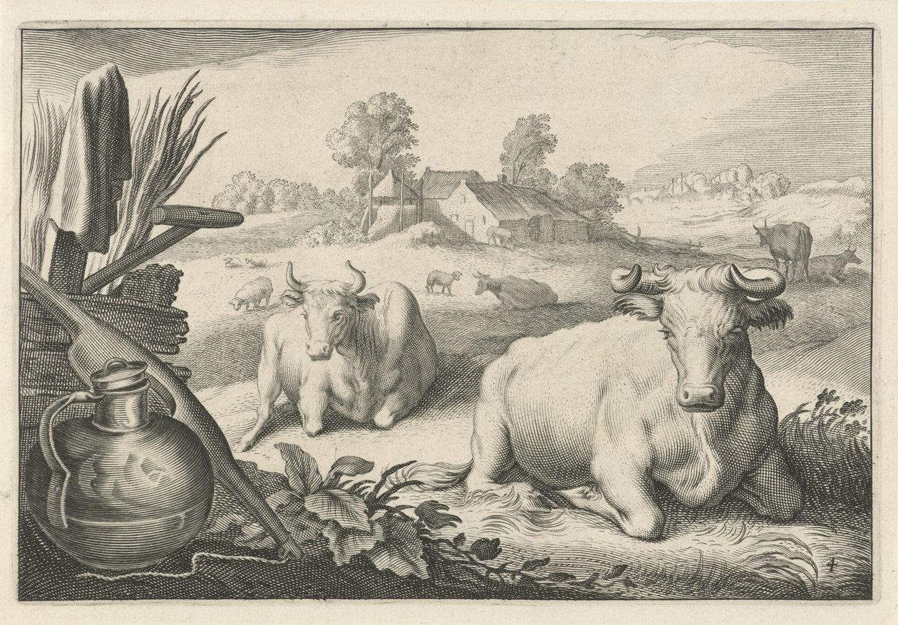 Prairie avec deux vaches couchées - Reinier van Persijn