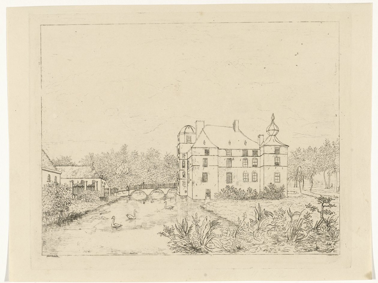 Vue latérale du château de Cannenburch avec maisons près du pont d
