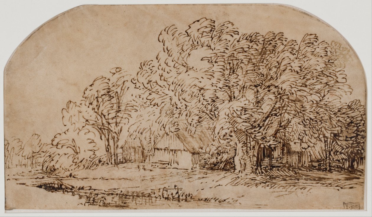 Paysage avec cottages sous de grands arbres - Rembrandt van Rijn