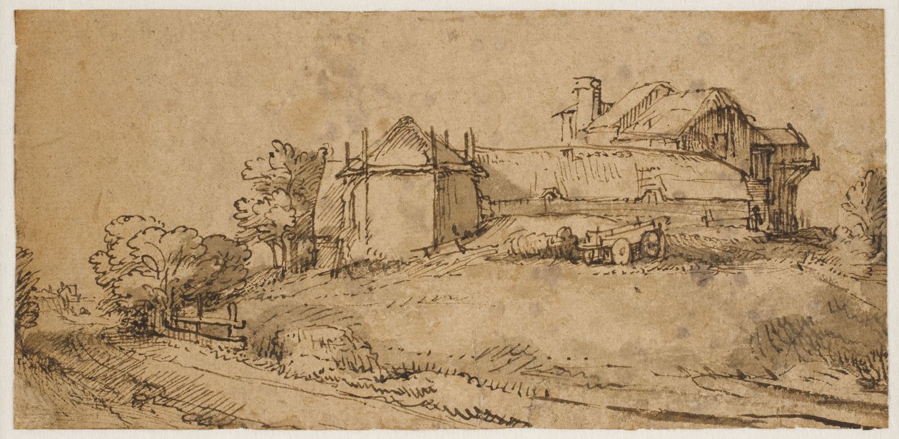 Paysage avec une ferme et une grange à foin - Rembrandt van Rijn