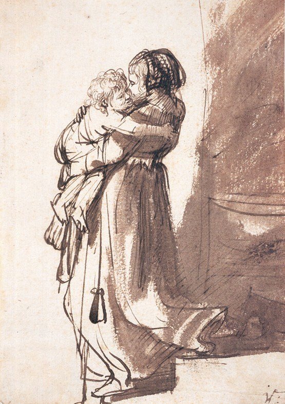 Femme portant un enfant en descendant les escaliers - Rembrandt van Rijn