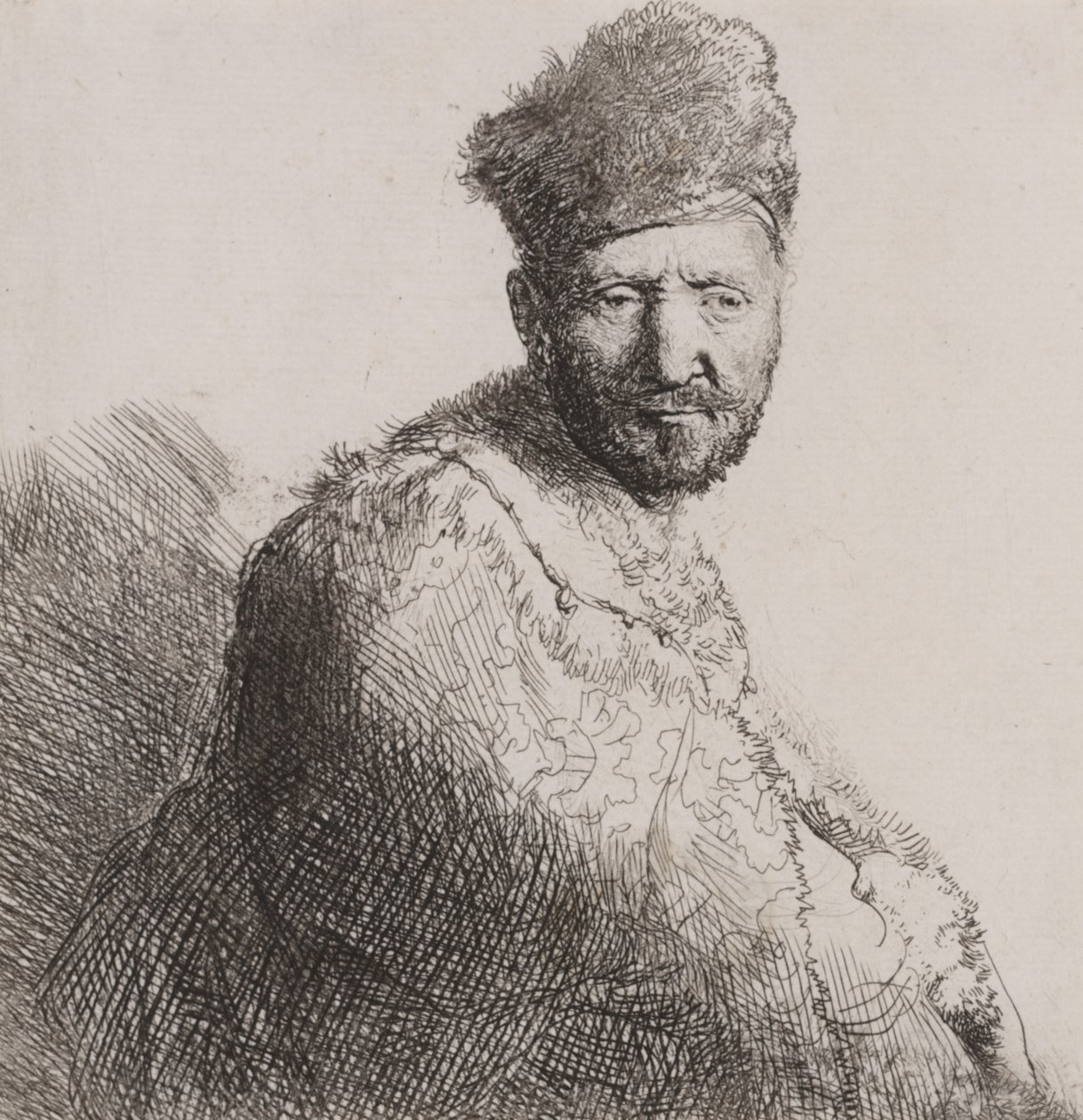 Homme barbu avec un bonnet oriental en fourrure et une robe - Rembrandt van Rijn