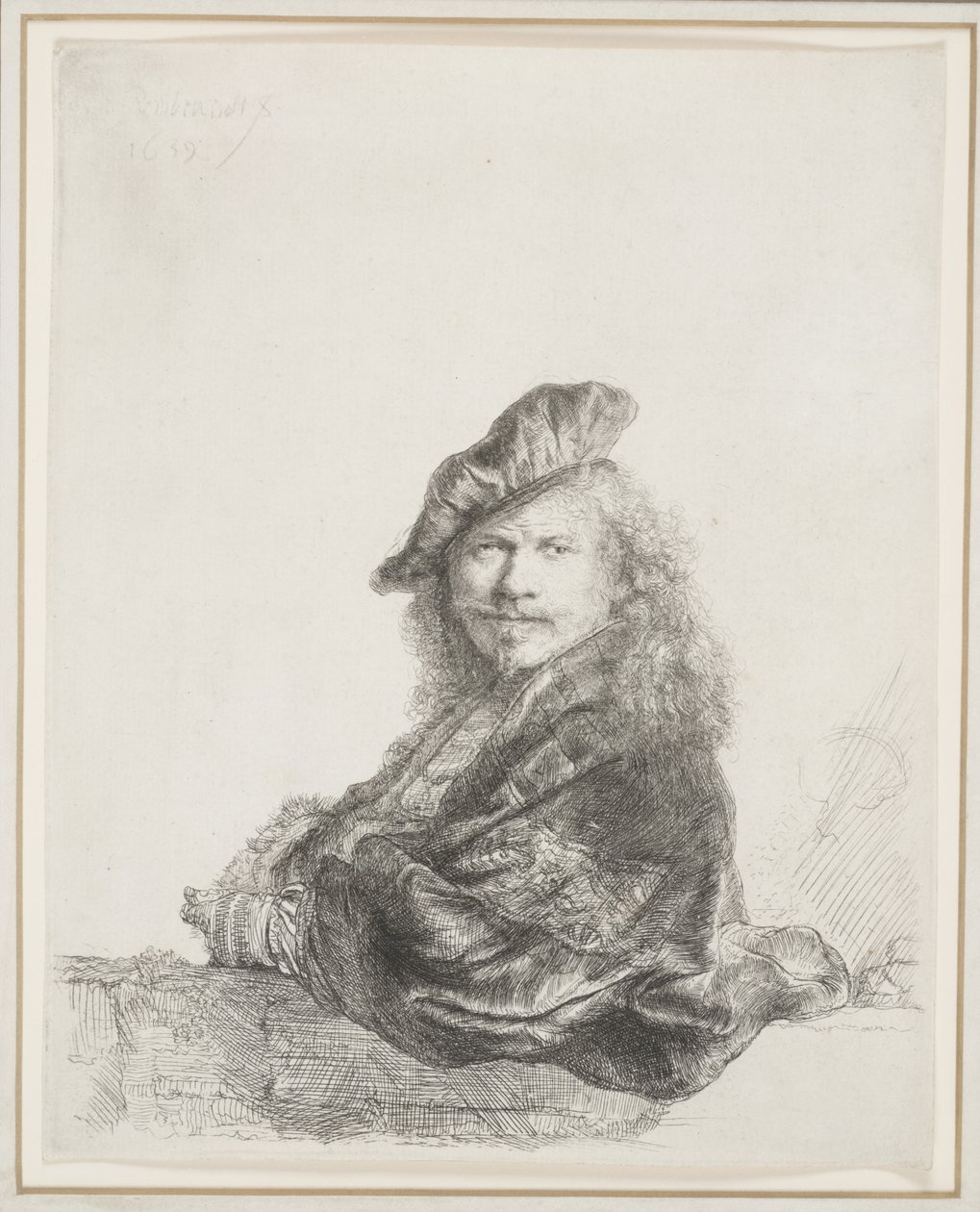 Rembrandt appuyé sur un rebord de pierre : demi-longueur - Rembrandt van Rijn