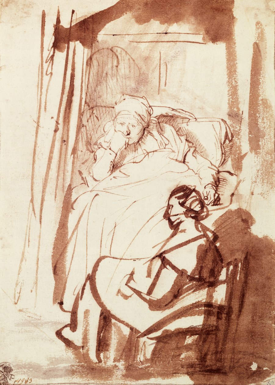 Saskia allongée dans son lit, une femme assise à ses pieds - Rembrandt Harmensz. van Rijn