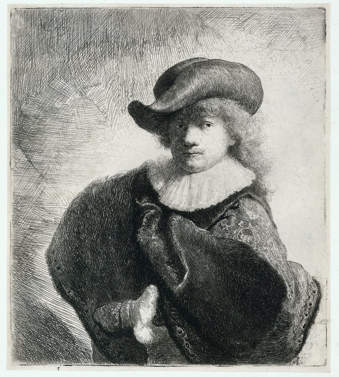 Autoportrait avec un chapeau mou et un manteau à motifs - Rembrandt Harmensz. van Rijn