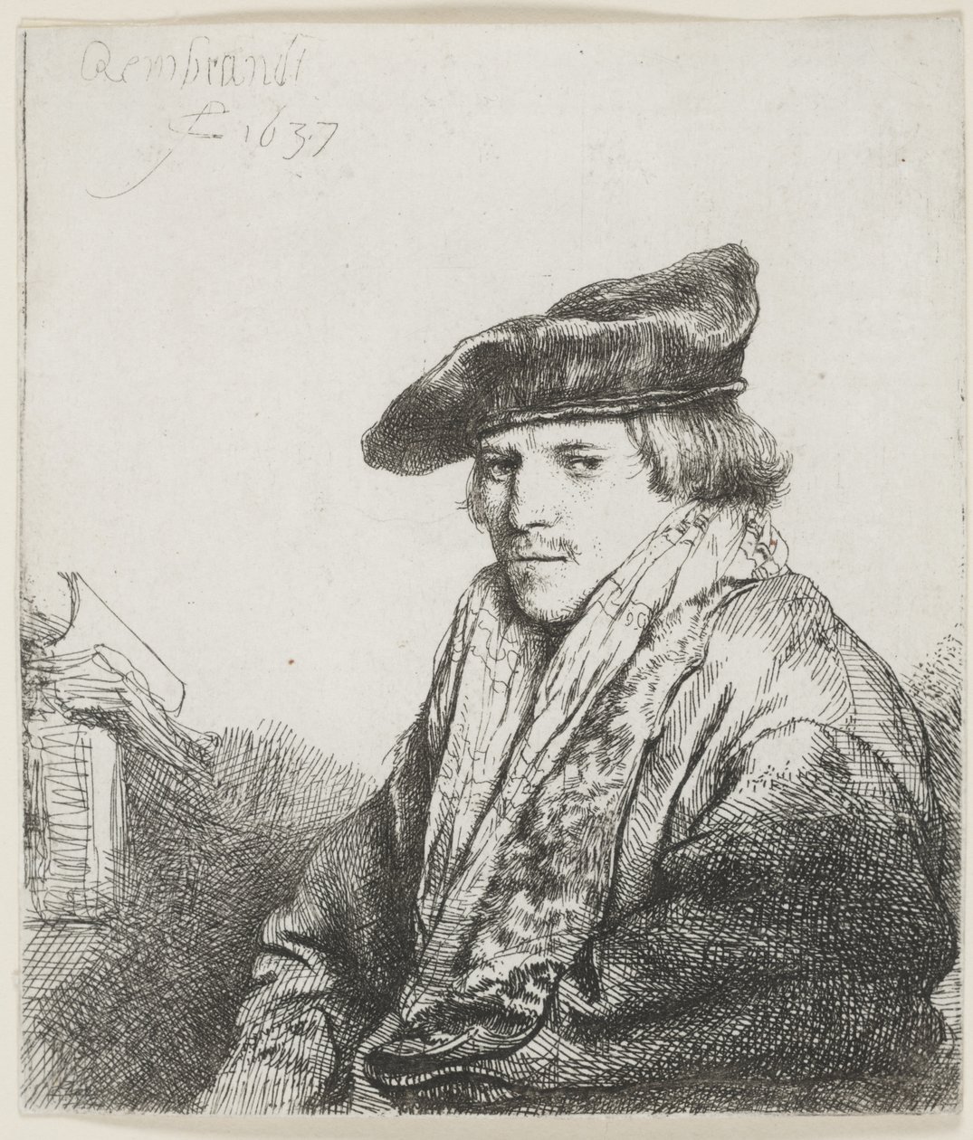 Jeune homme avec un bonnet de velours et des livres à côté de lui - Rembrandt van Rijn