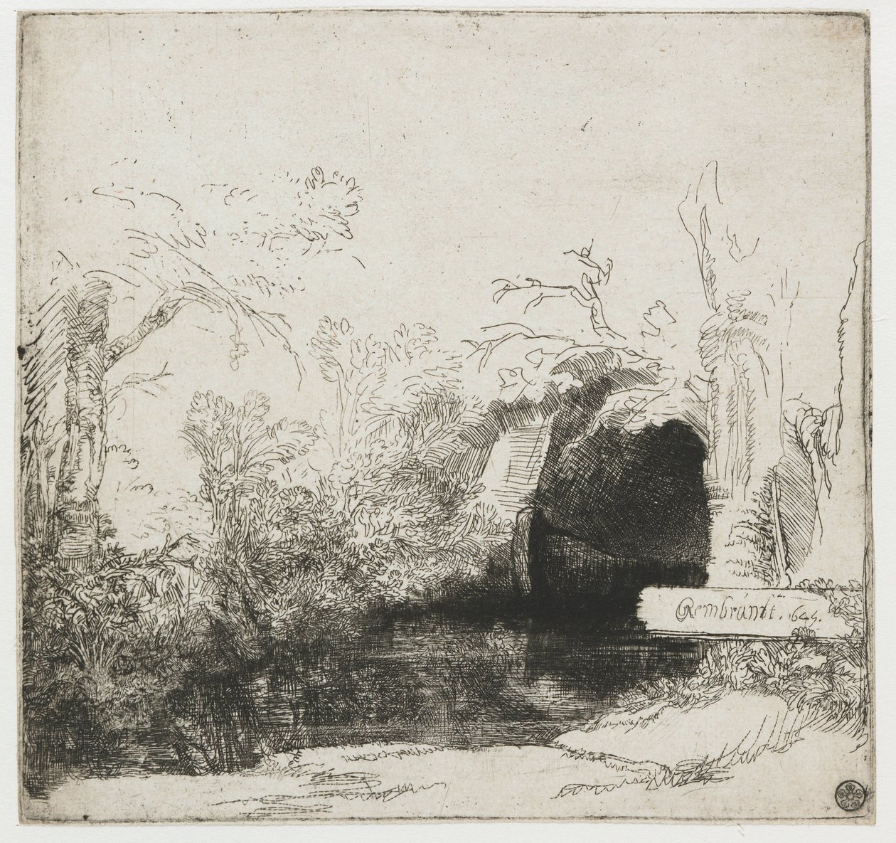 Un ruisseau avec une grotte et un bateau (détail) - Rembrandt van Rijn