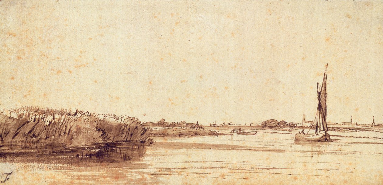 Une rivière avec un voilier sur Nieuwe Meer - Rembrandt van Rijn
