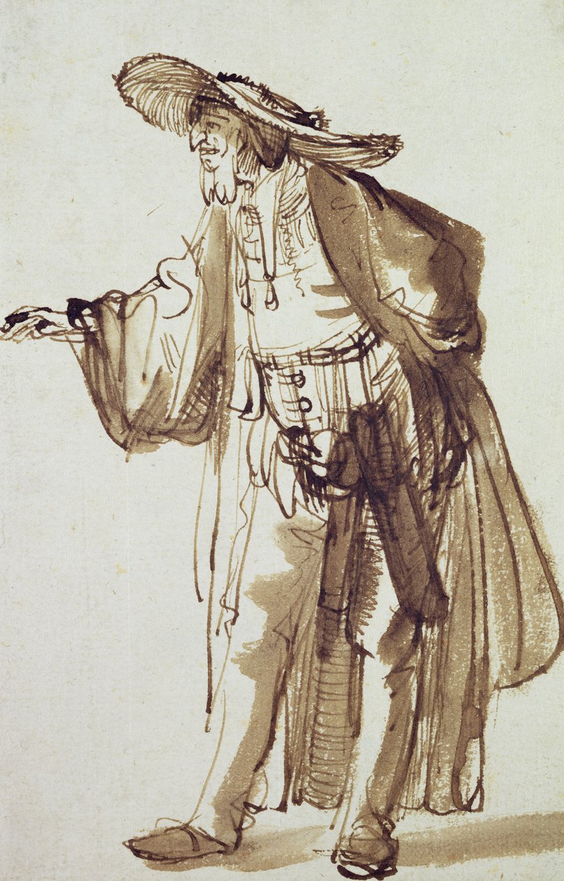 Acteur avec un Chapeau à Large Bord (encre et lavis sur papier) - Rembrandt van Rijn