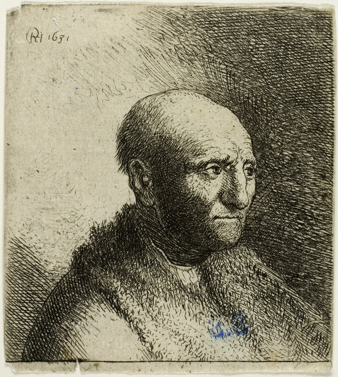 Homme chauve en manteau de fourrure : buste - Rembrandt van Rijn