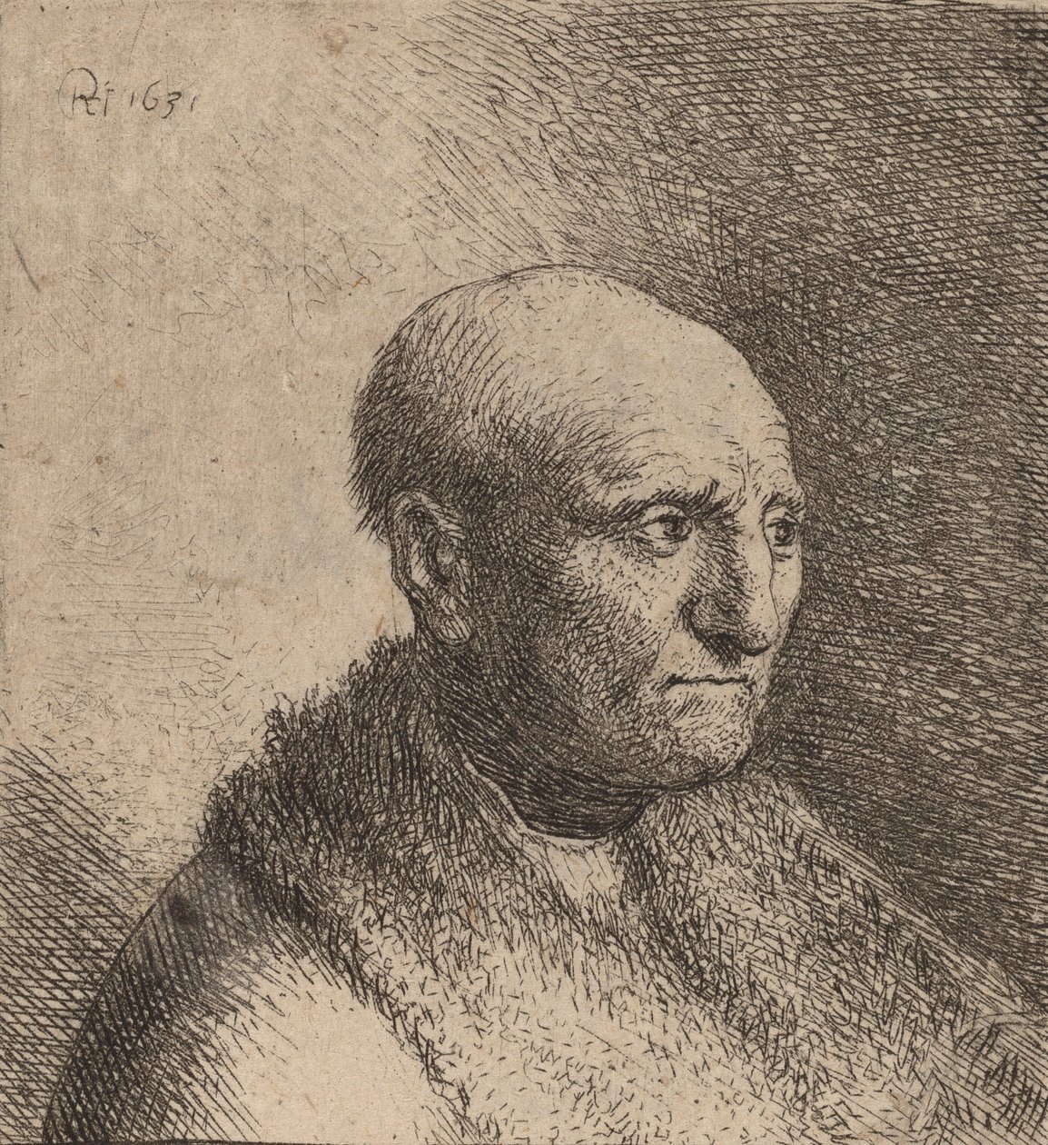 Homme chauve en manteau de fourrure - Rembrandt van Rijn
