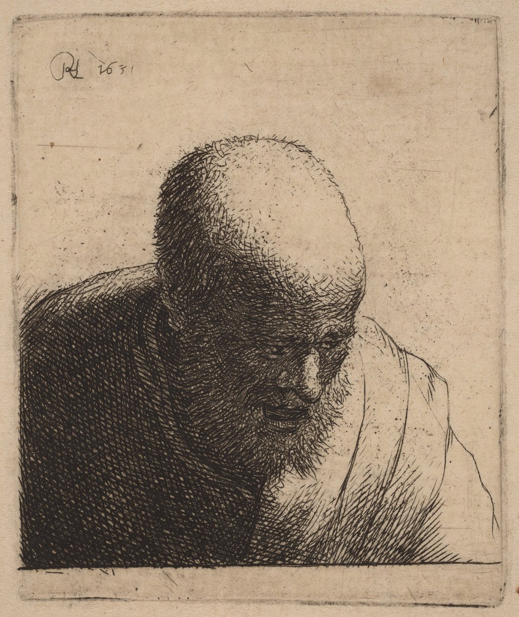 Un homme chauve, la bouche ouverte, le regard baissé - Rembrandt van Rijn