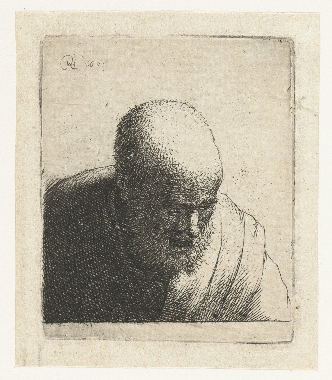 Homme chauve avec la bouche ouverte, regardant vers le bas : buste - Rembrandt van Rijn