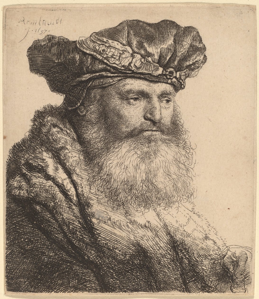 Homme barbu avec un bonnet de velours avec une attache de bijou - Rembrandt van Rijn