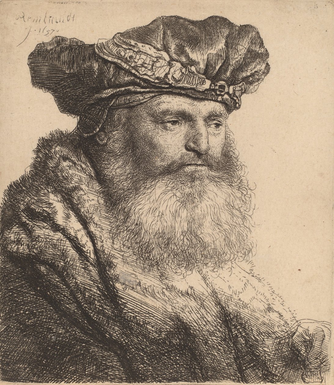 Homme barbu avec un bonnet de velours et une attache de bijou, 1637 - Rembrandt van Rijn