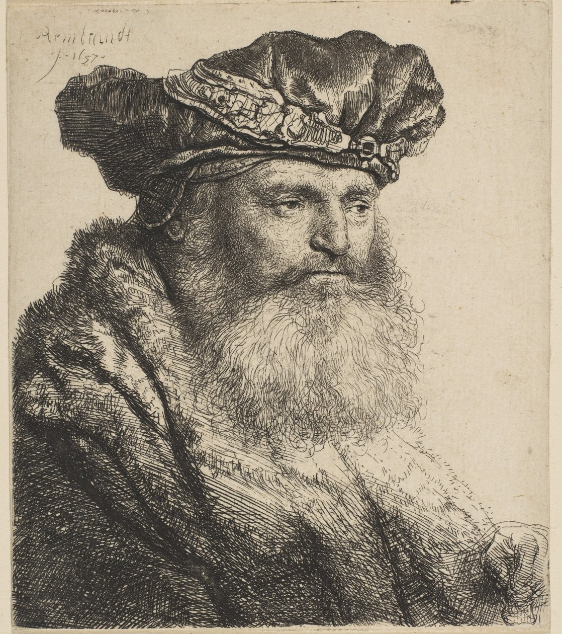 Homme barbu avec un bonnet de velours et une attache de bijou, 1637 - Rembrandt van Rijn