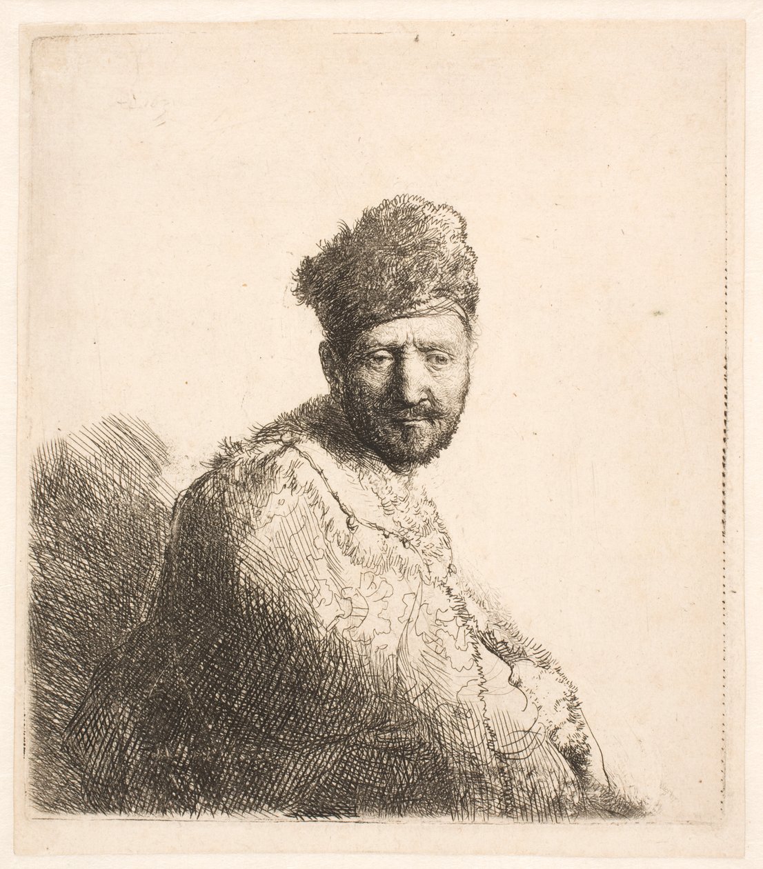 Homme barbu (le père de Rembrandt ) portant un bonnet oriental doublé de fourrure et une robe : portrait en demi-longueur - Rembrandt van Rijn