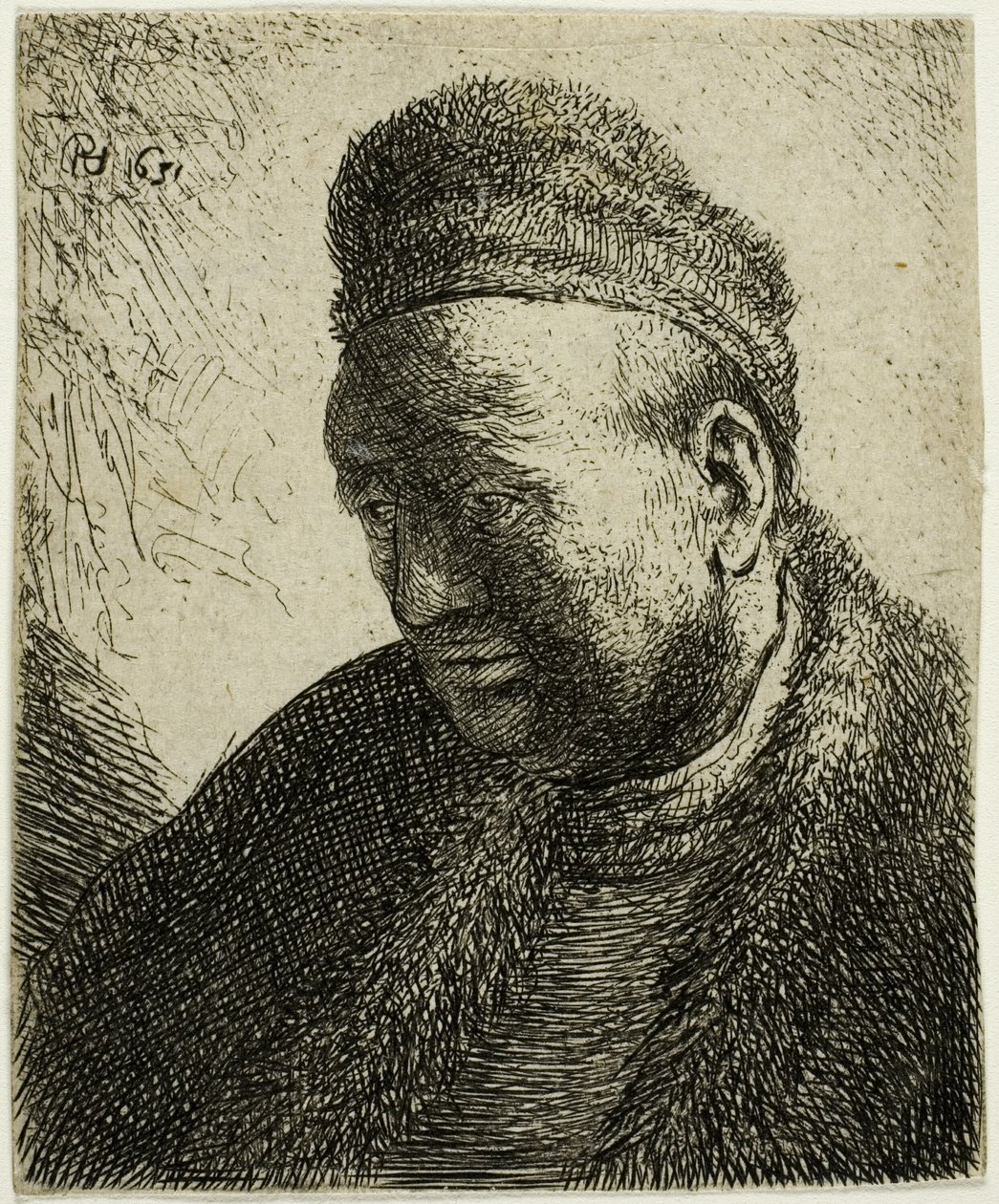 Homme sans barbe en manteau de fourrure et bonnet : Buste - Rembrandt van Rijn
