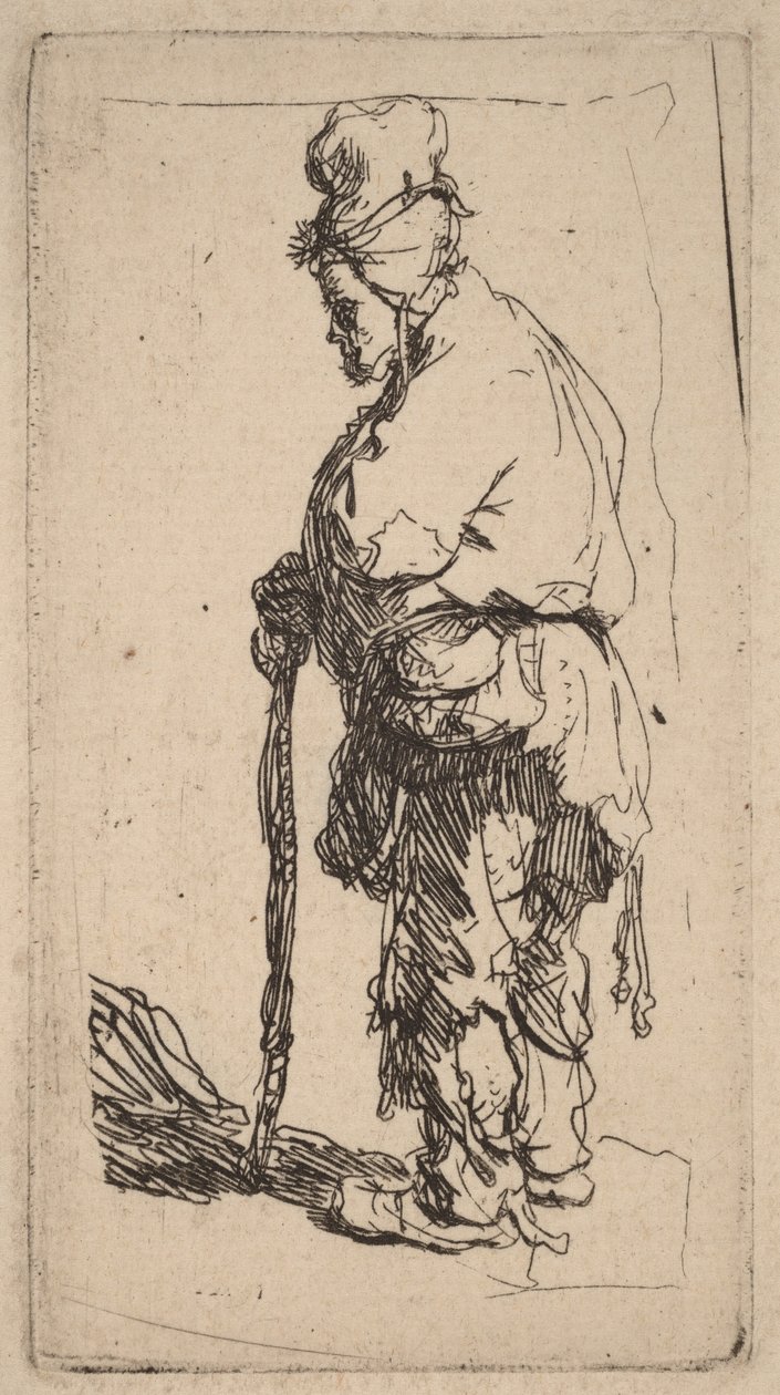 Mendiant appuyé sur un bâton, tourné vers la gauche - Rembrandt van Rijn