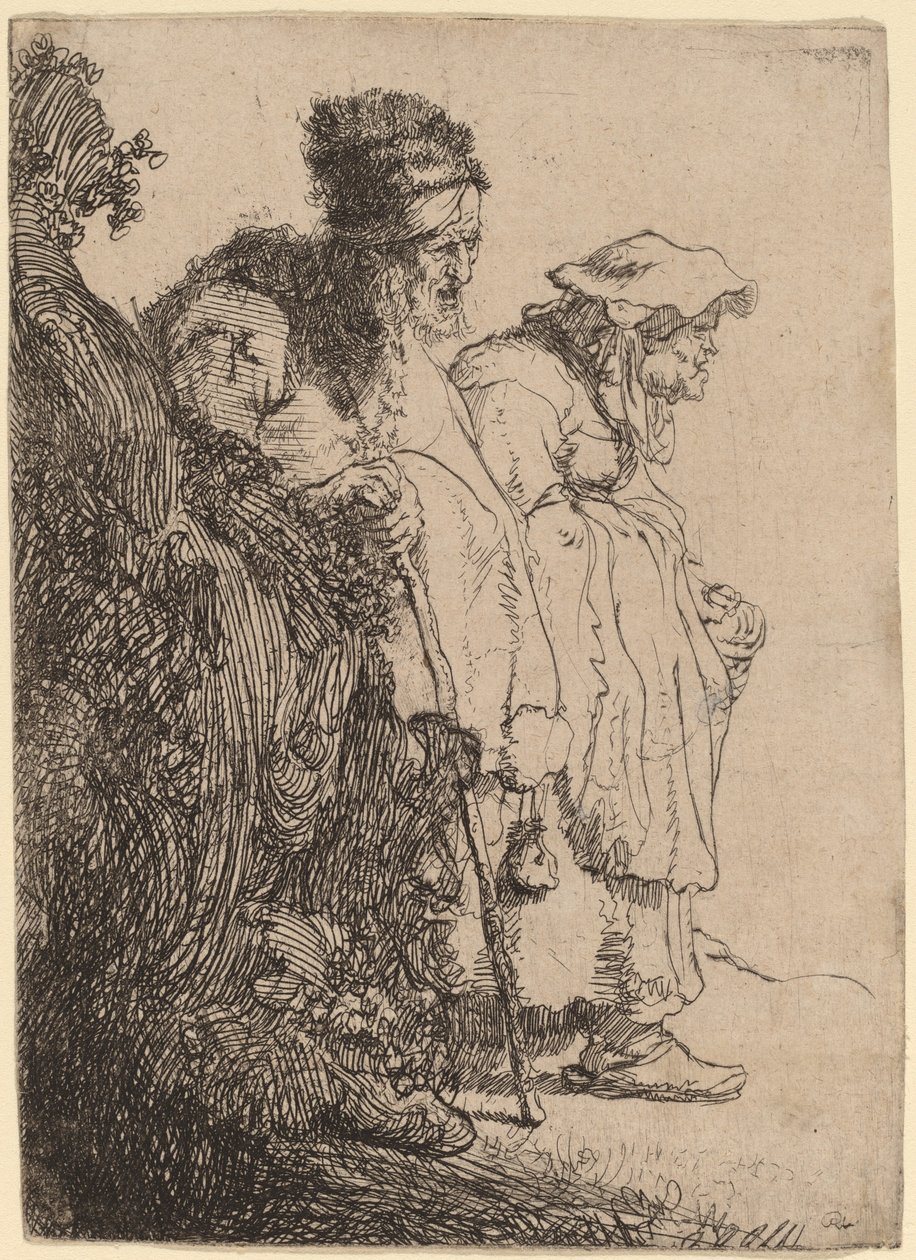 Mendiant homme et femme derrière une banque - Rembrandt van Rijn