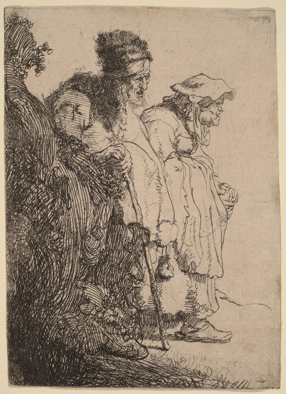 Un mendiant et une mendiante derrière une banque - Rembrandt van Rijn